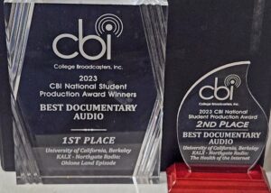 The first and second place awards for Best Audio Documentary from the College Broadcasters 2023 Student Production Awards.